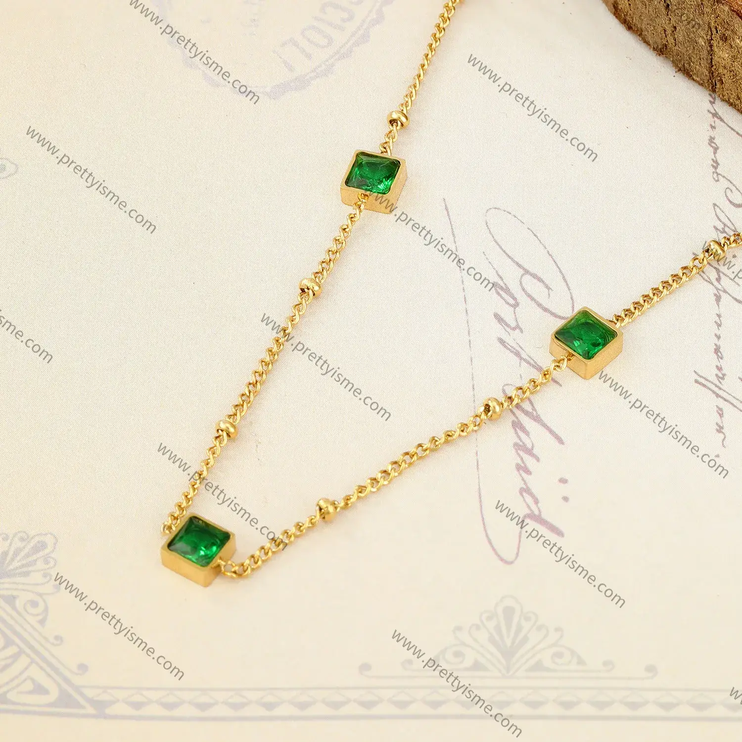 Delicate French Style Stainless Steel Gold Plated 18K Thin Necklace Set with Small Green Squares (3).webp