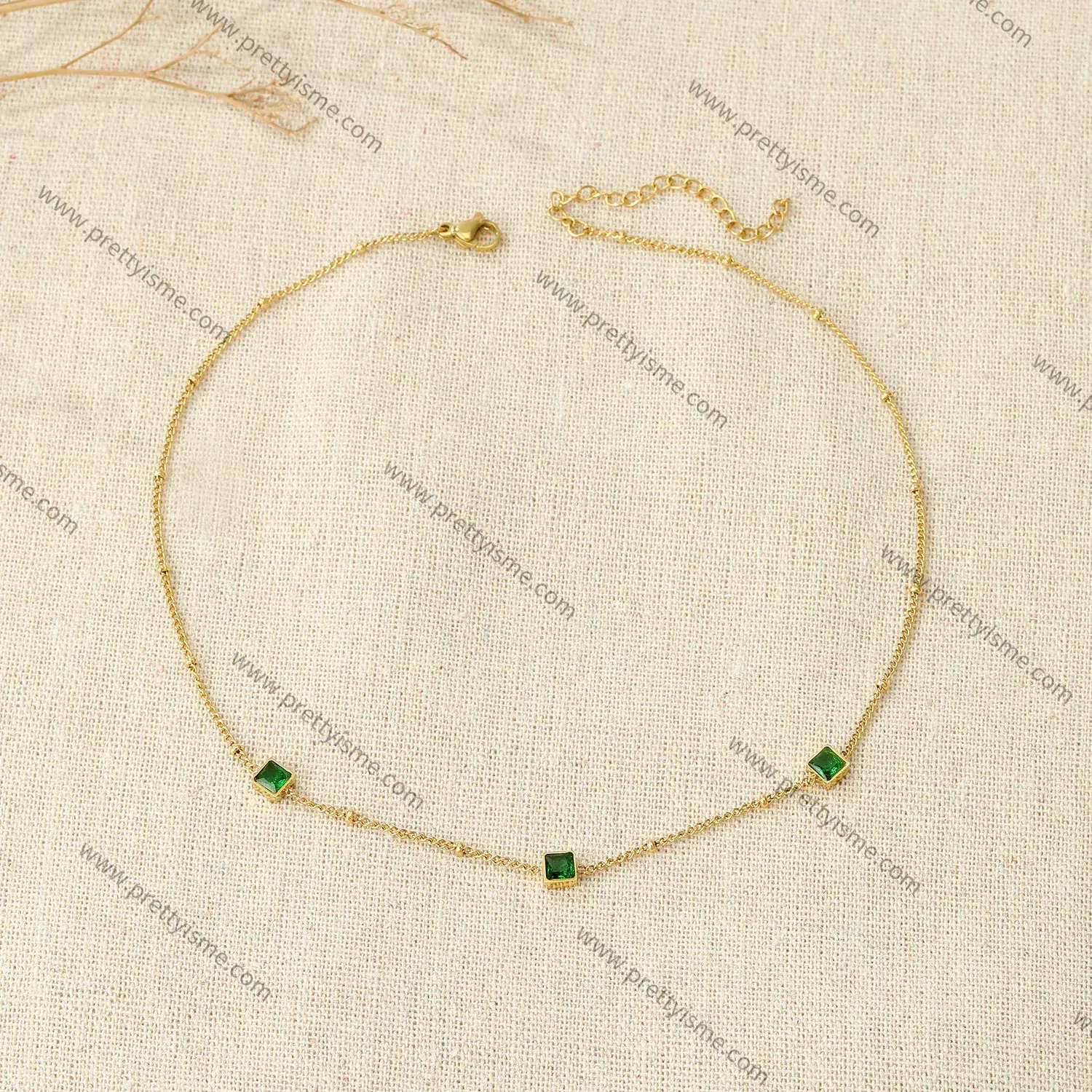Delicate French Style Stainless Steel Gold Plated 18K Thin Necklace Set with Small Green Squares (2).webp