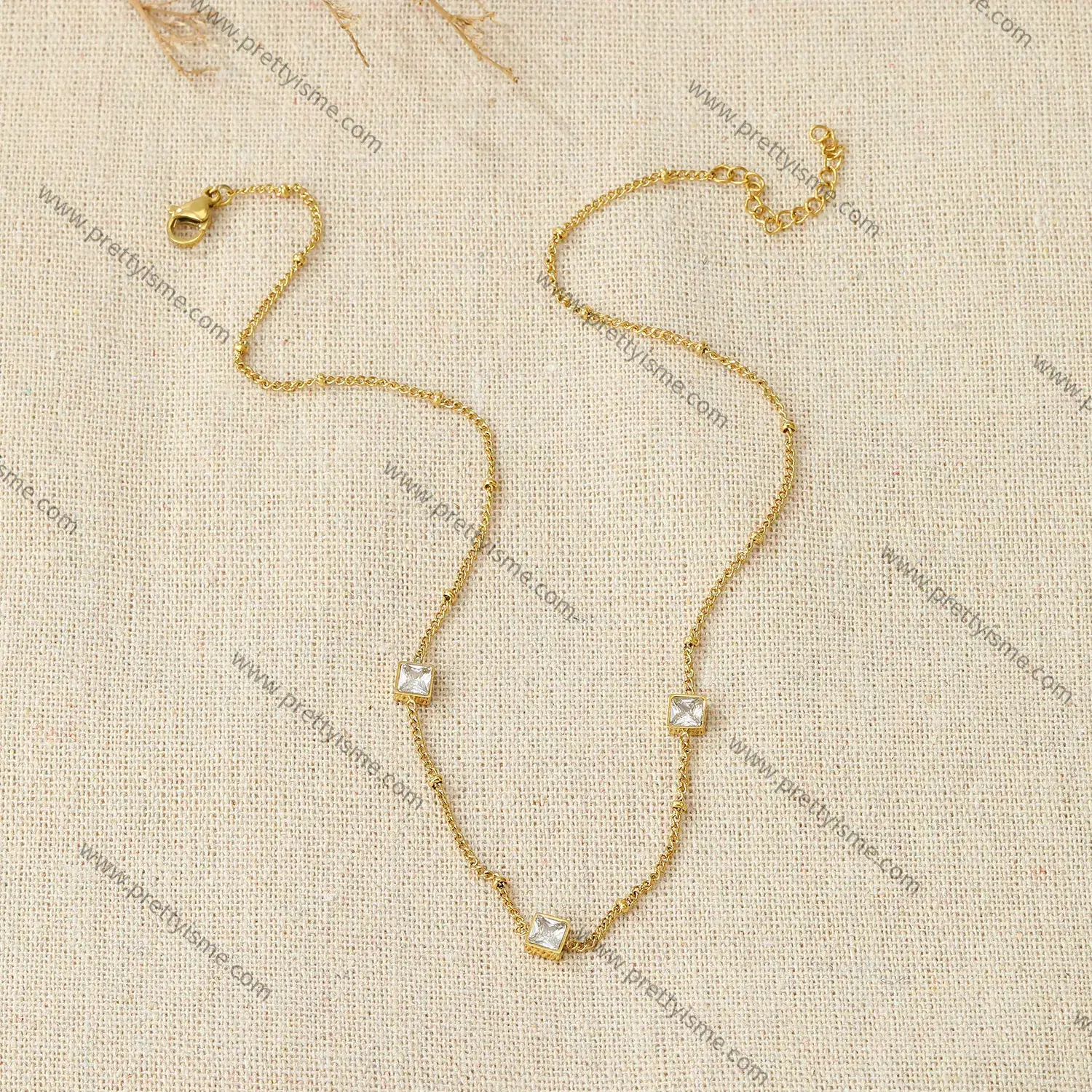 Delicate French Style Stainless Steel Gold Plated 18K Thin Necklace Set with Small White Squares.webp