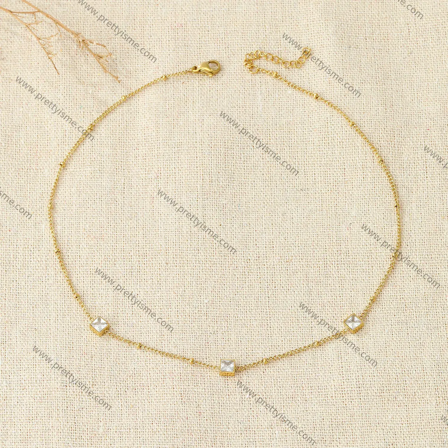 Delicate French Style Stainless Steel Gold Plated 18K Thin Necklace Set with Small White Squares (2).webp