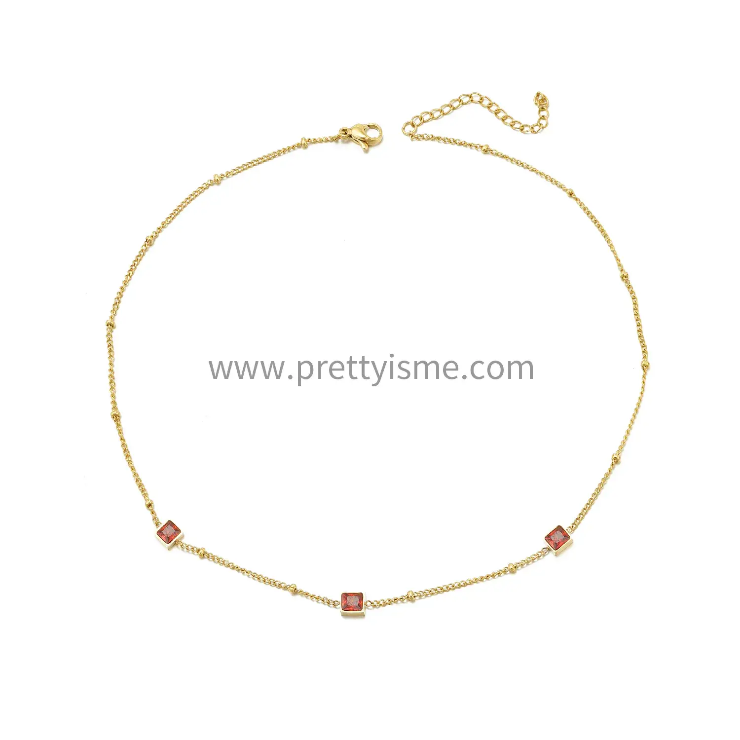Delicate French Style Stainless Steel Gold Plated 18K Thin Necklace Set with Small Red Squares (5).webp