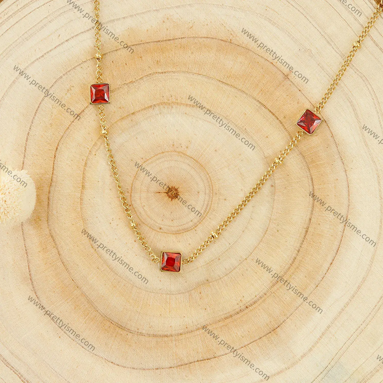 Delicate French Style Stainless Steel Gold Plated 18K Thin Necklace Set with Small Red Squares (3).webp