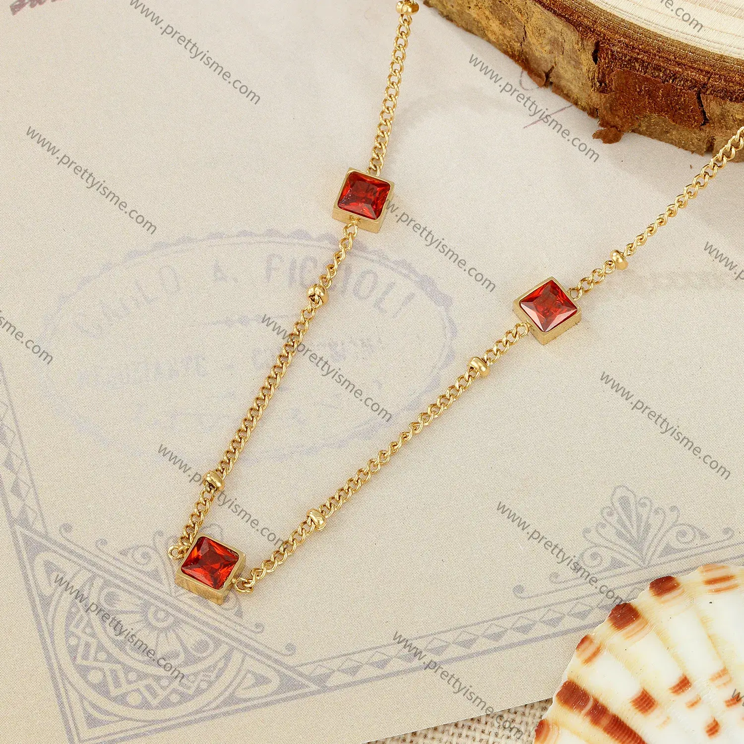 Delicate French Style Stainless Steel Gold Plated 18K Thin Necklace Set with Small Red Squares (4).webp