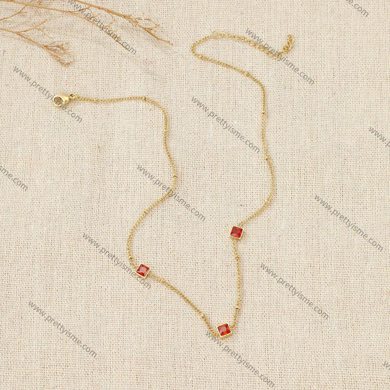 Delicate French Style Stainless Steel Gold Plated 18K Thin Necklace Set with Small Red Squares (2).webp