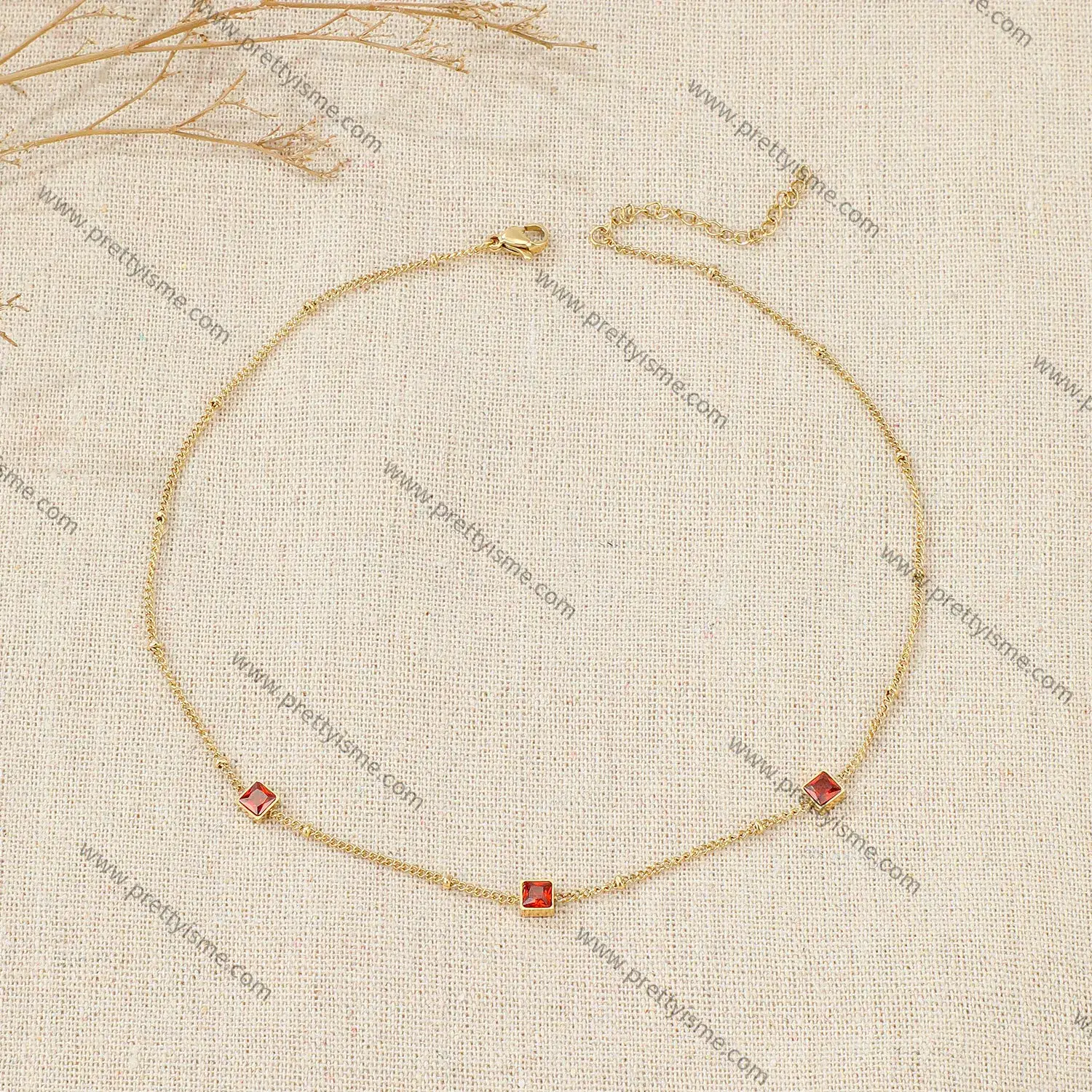 Delicate French Style Stainless Steel Gold Plated 18K Thin Necklace Set with Small Red Squares.webp