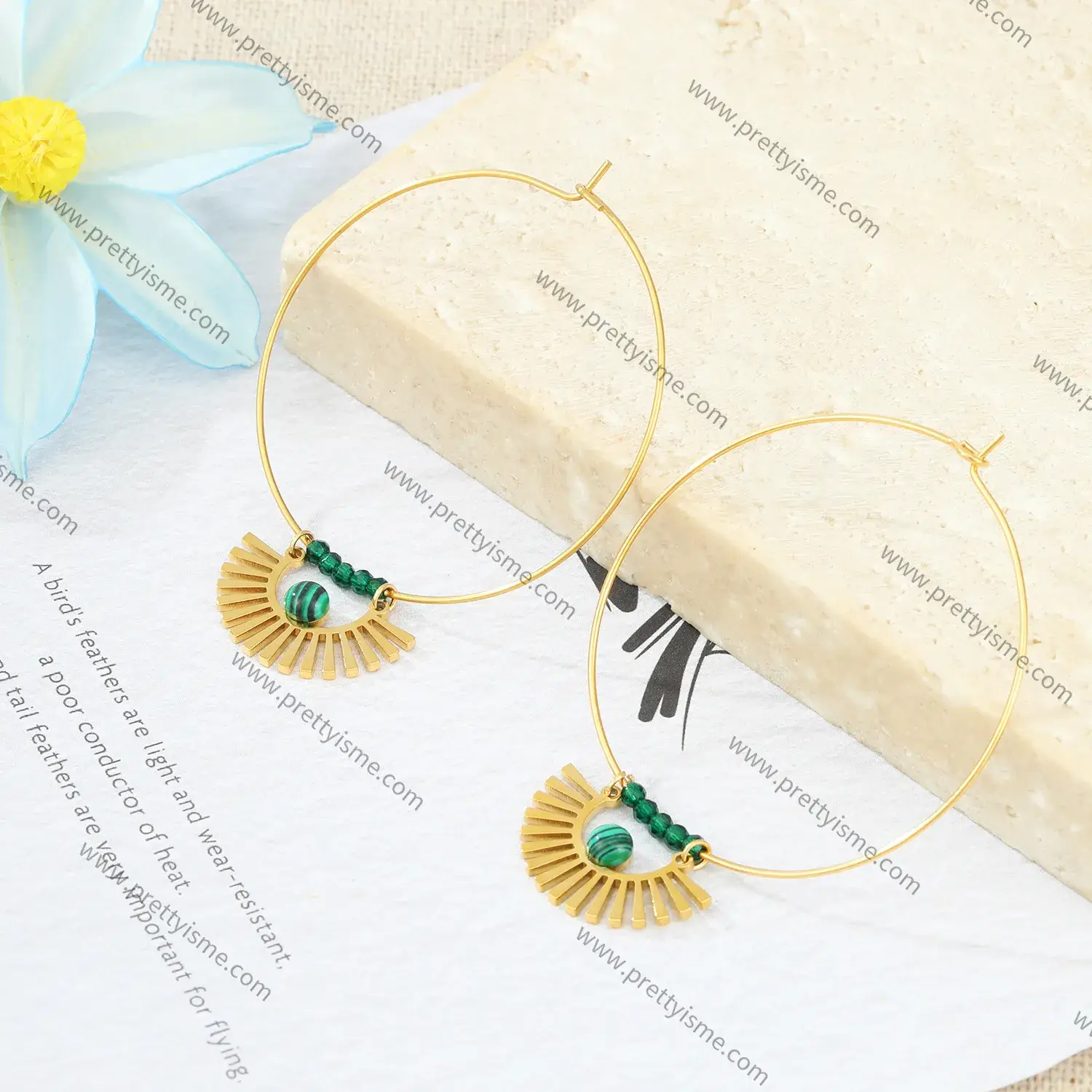 Stone Circle Earrings Stainless Steel 18K Gold Plated Green Crystal Malachite Dangle Earrings (4).webp