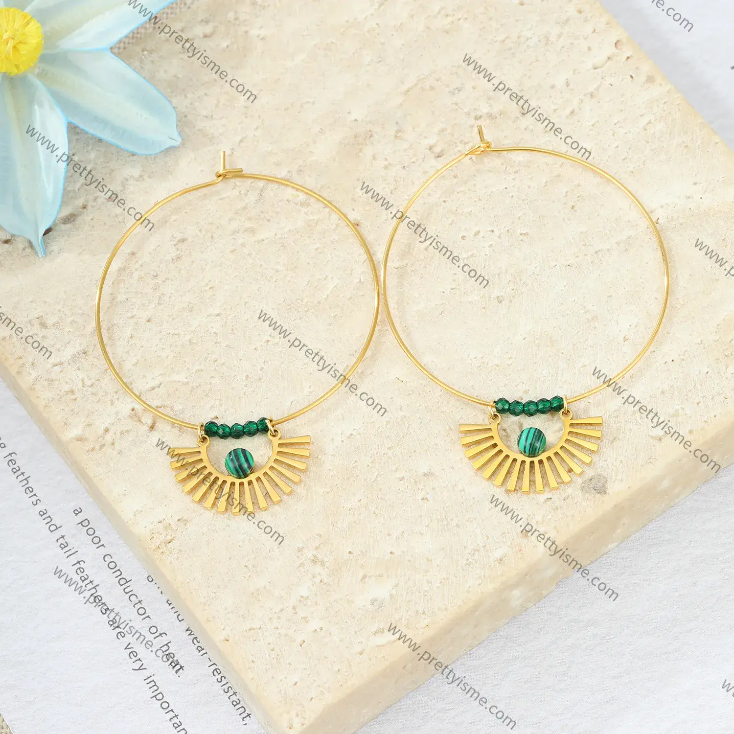 Stone Circle Earrings Stainless Steel 18K Gold Plated Green Crystal Malachite Dangle Earrings (2).webp