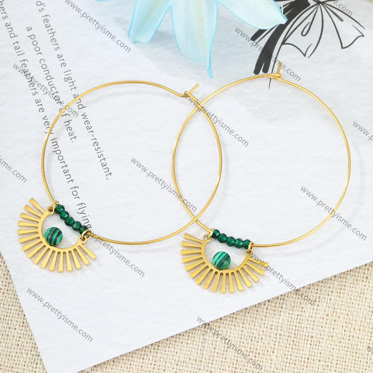 Stone Circle Earrings Stainless Steel 18K Gold Plated Green Crystal Malachite Dangle Earrings (3).webp