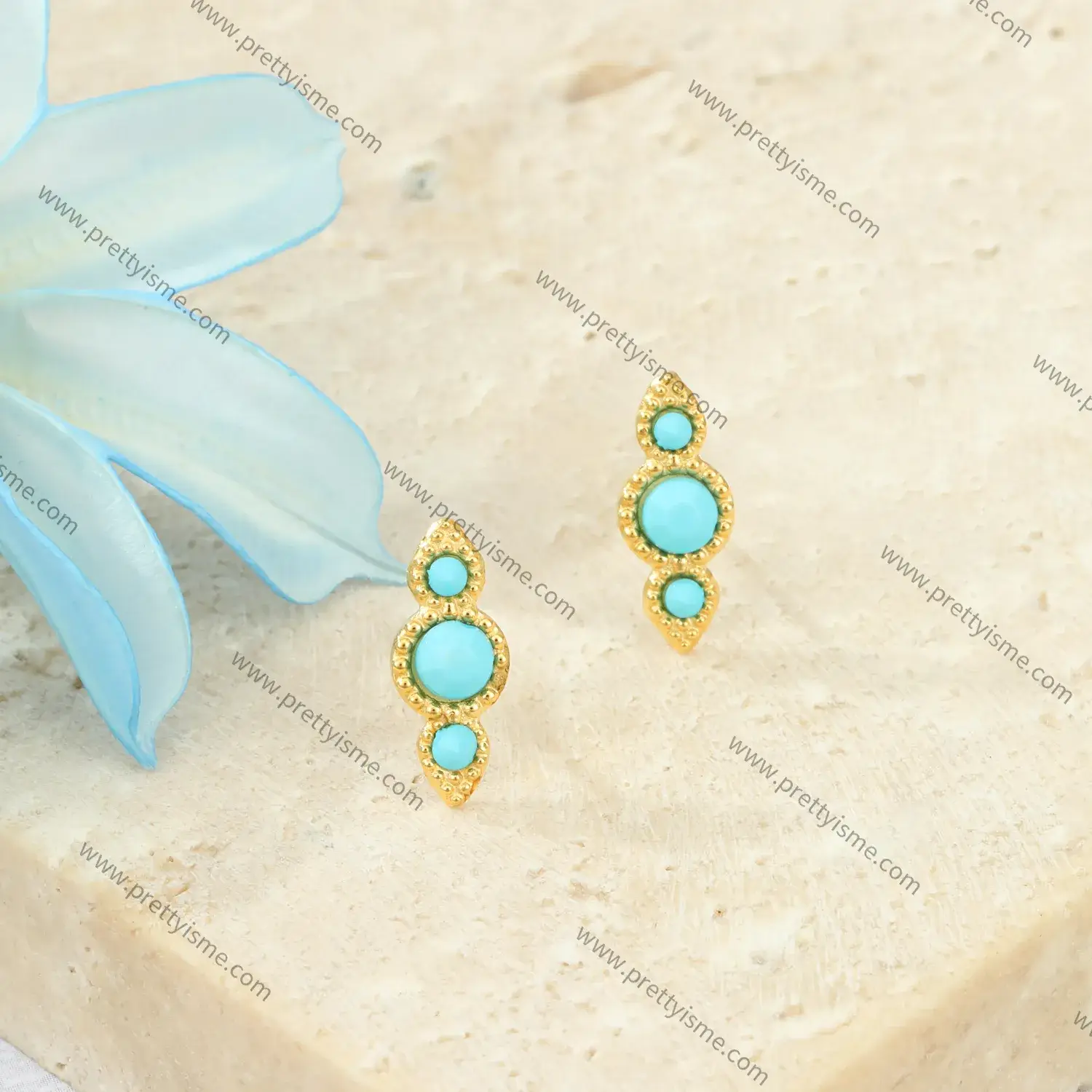 Stainless steel 18K gold plated blue stone set earrings delicate and unique small earrings.webp