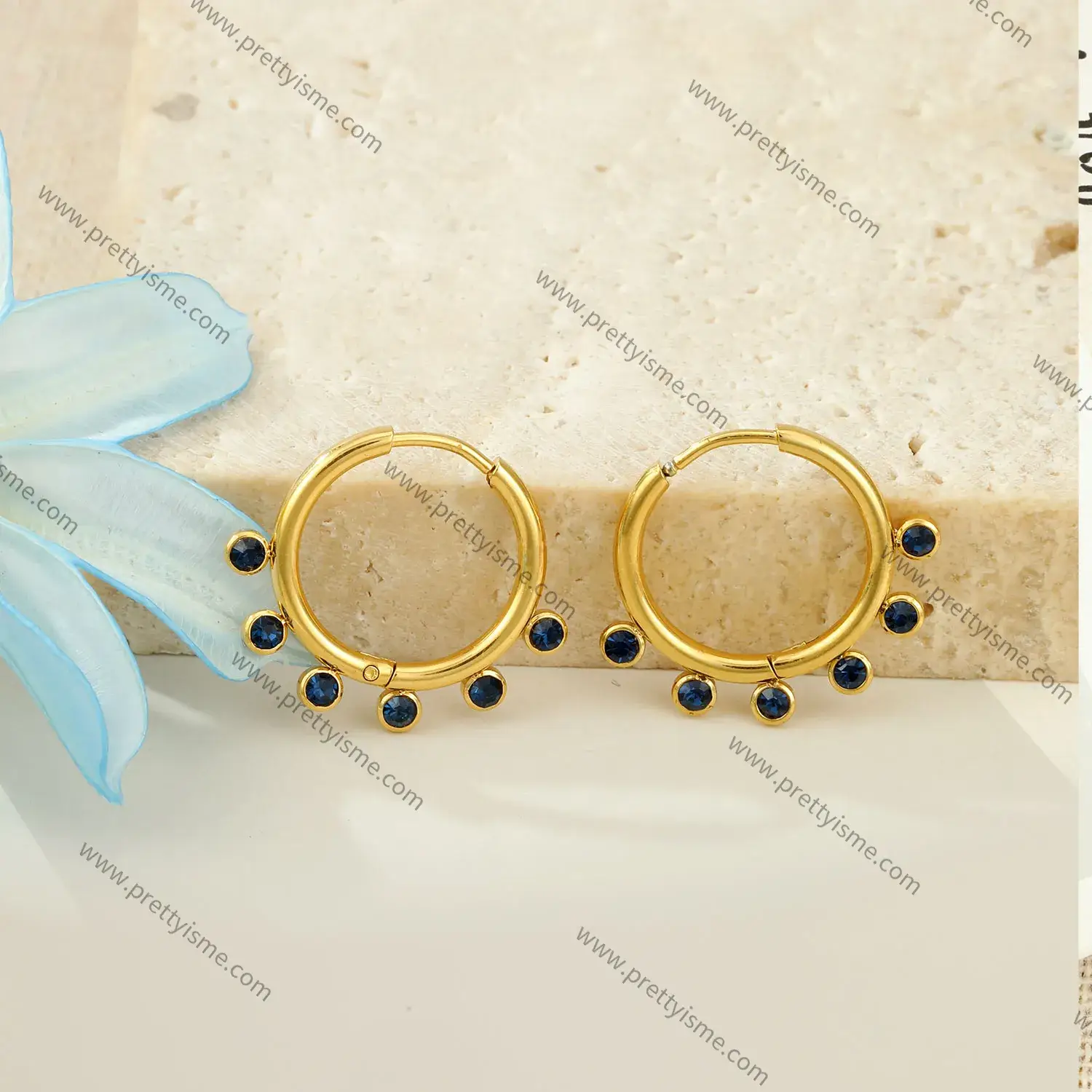 Lovely Hoop Earrings with Small Blue Diamonds Delicate Stainless Steel 18k Gold Plated (2).webp