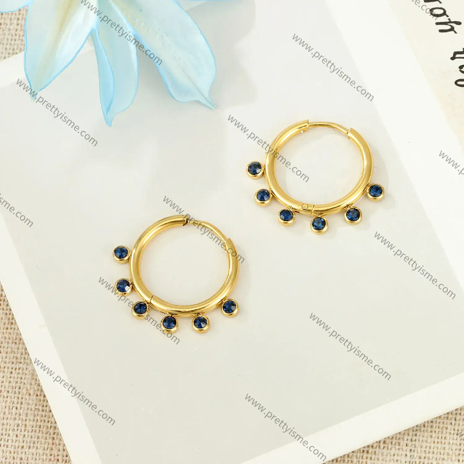 Lovely Hoop Earrings with Small Blue Diamonds Delicate Stainless Steel 18k Gold Plated.webp