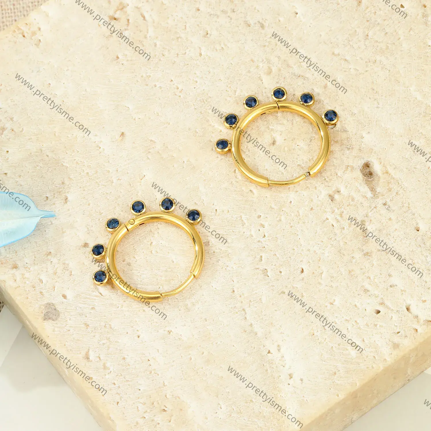Lovely Hoop Earrings with Small Blue Diamonds Delicate Stainless Steel 18k Gold Plated (4).webp