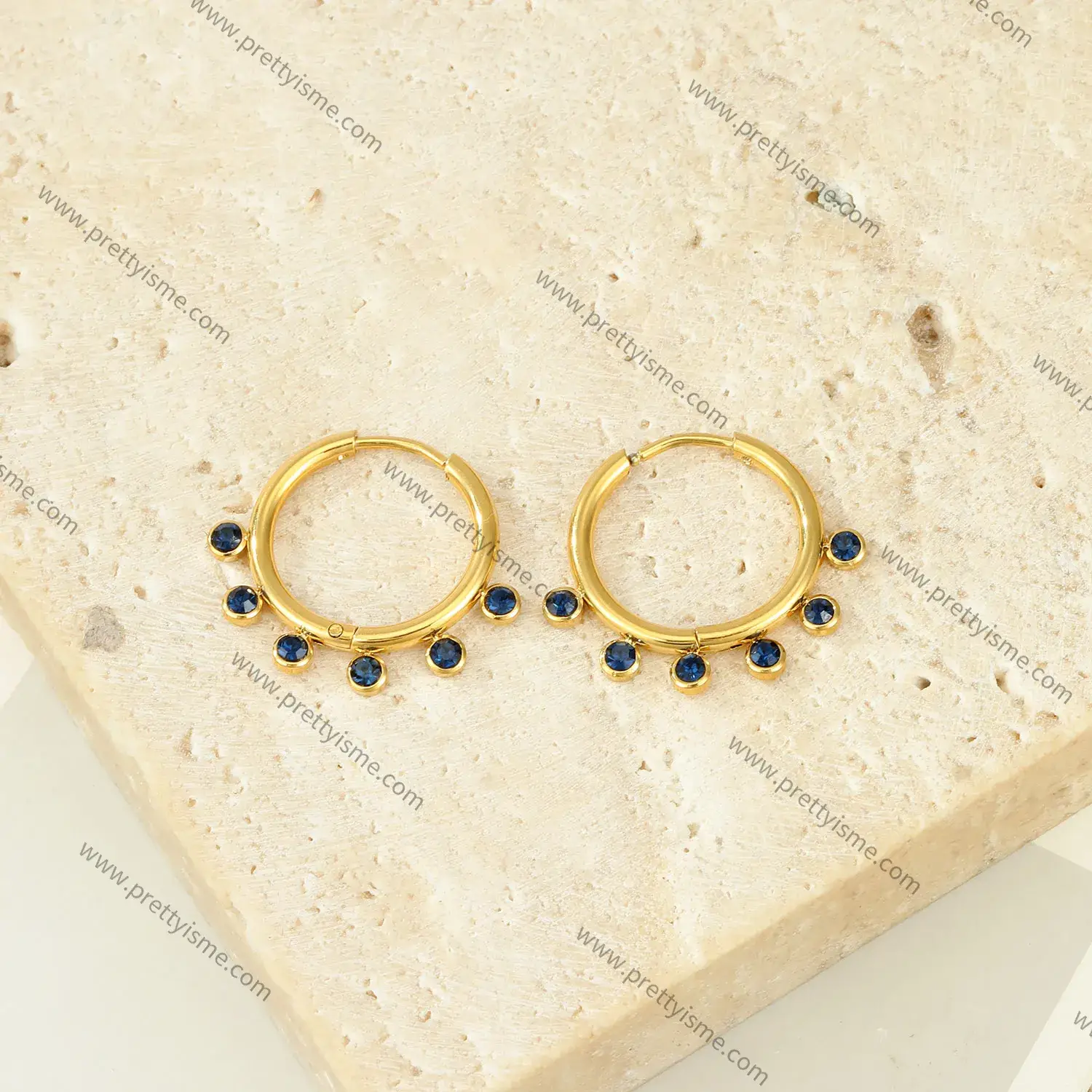 Lovely Hoop Earrings with Small Blue Diamonds Delicate Stainless Steel 18k Gold Plated (3).webp