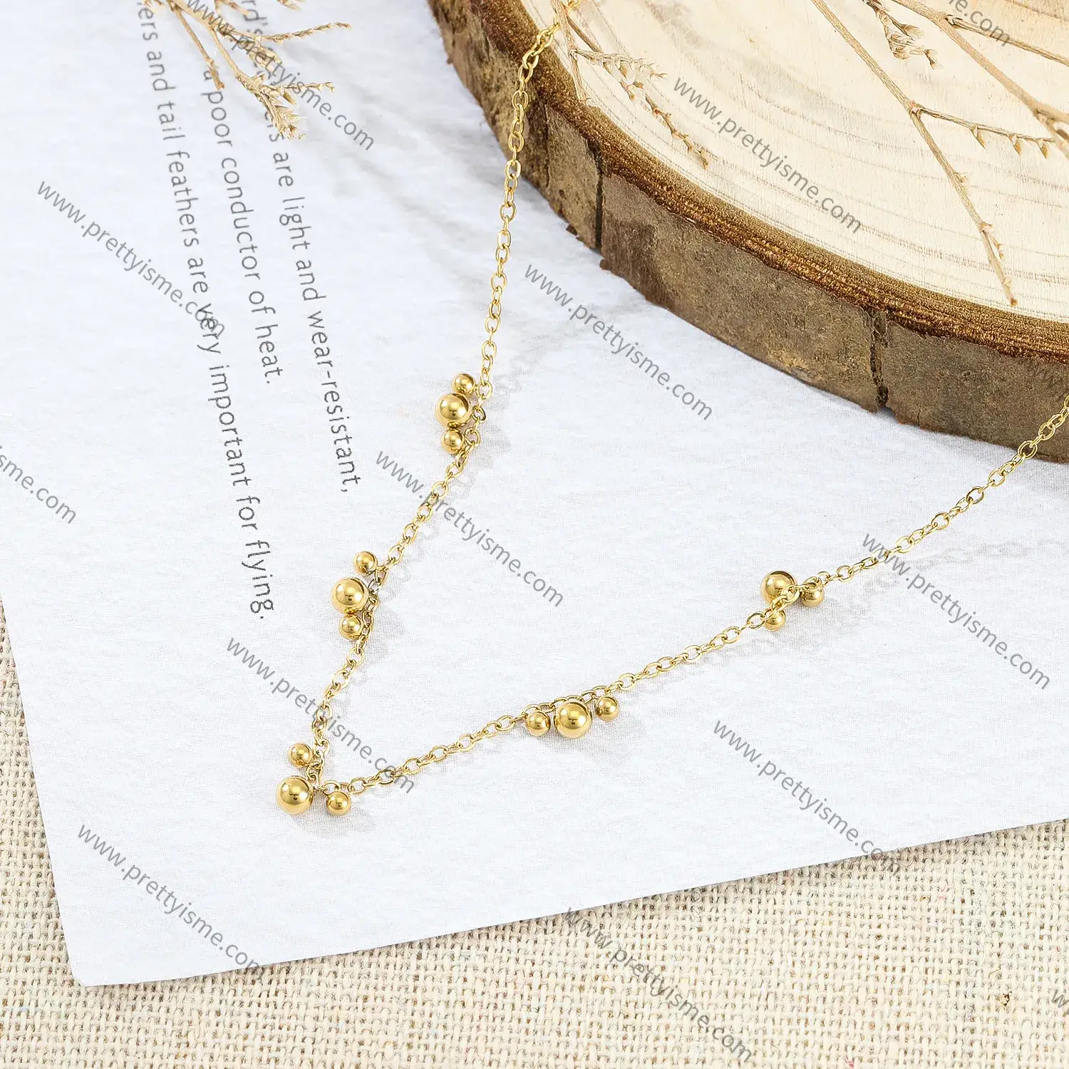 Simple French Style Stainless Steel Gold Plated 18K Thin Necklace with Gold Beads (2).webp