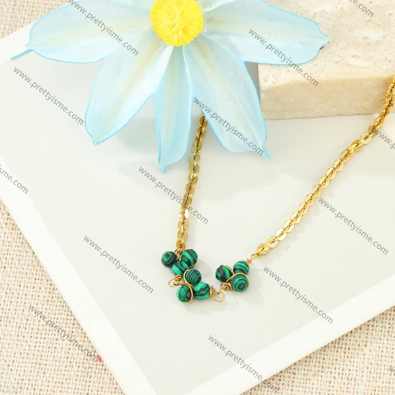 Pretty Is Me Collection Stainless Steel 18K Gold Plated New Bracelet with Green Malachite Beads College Style Bracelet (3).webp