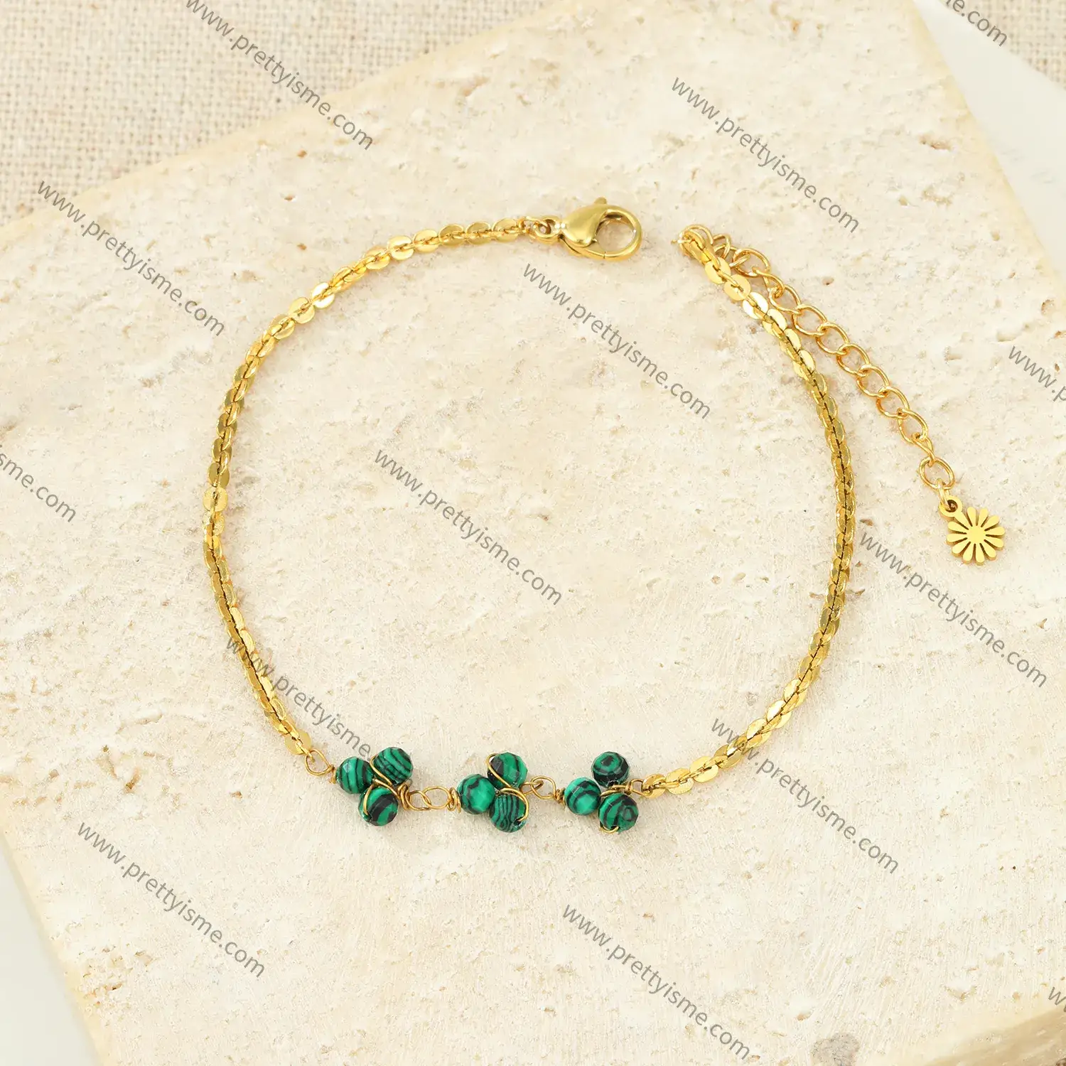 Pretty Is Me Collection Stainless Steel 18K Gold Plated New Bracelet with Green Malachite Beads College Style Bracelet (2).webp