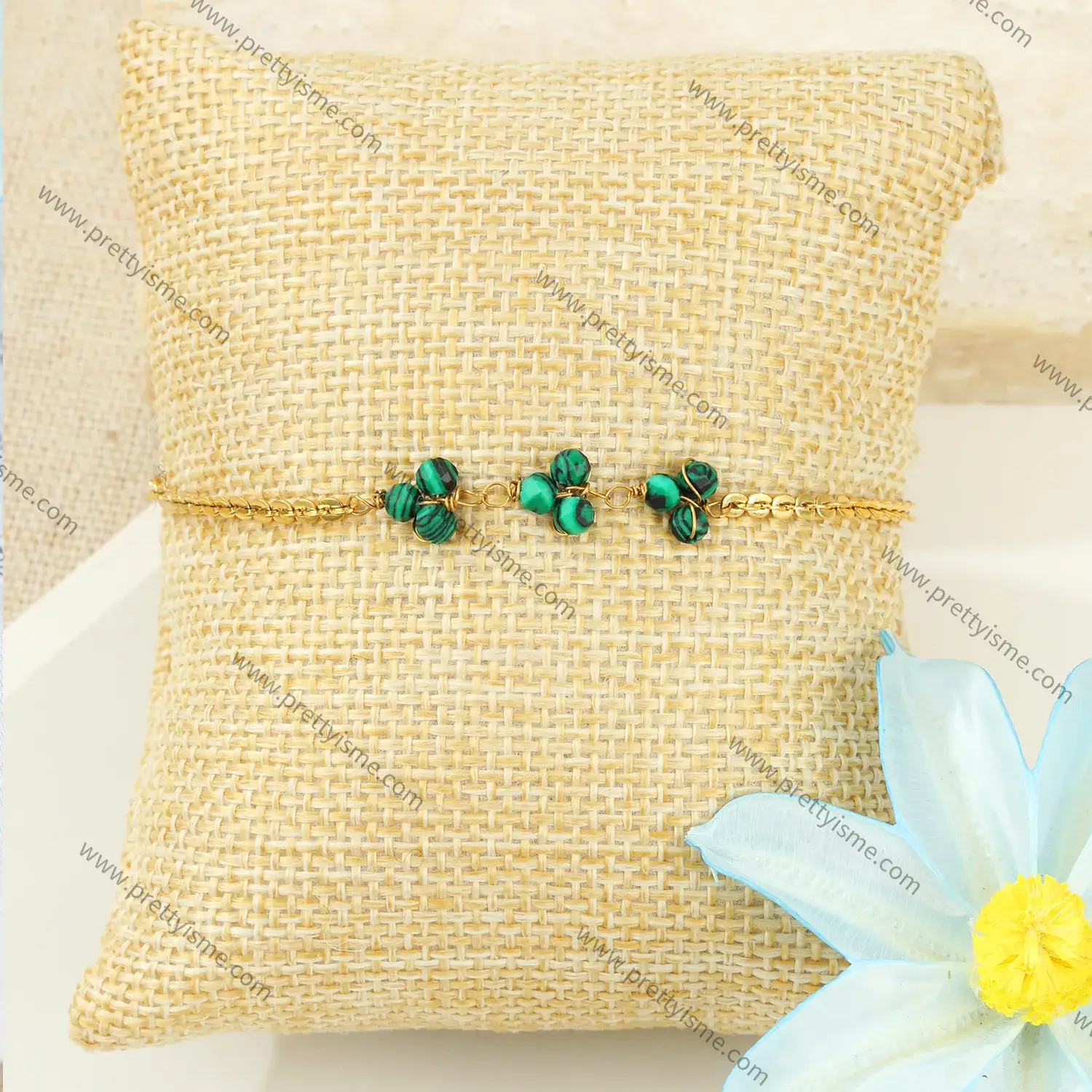 Pretty Is Me Collection Stainless Steel 18K Gold Plated New Bracelet with Green Malachite Beads College Style Bracelet.webp