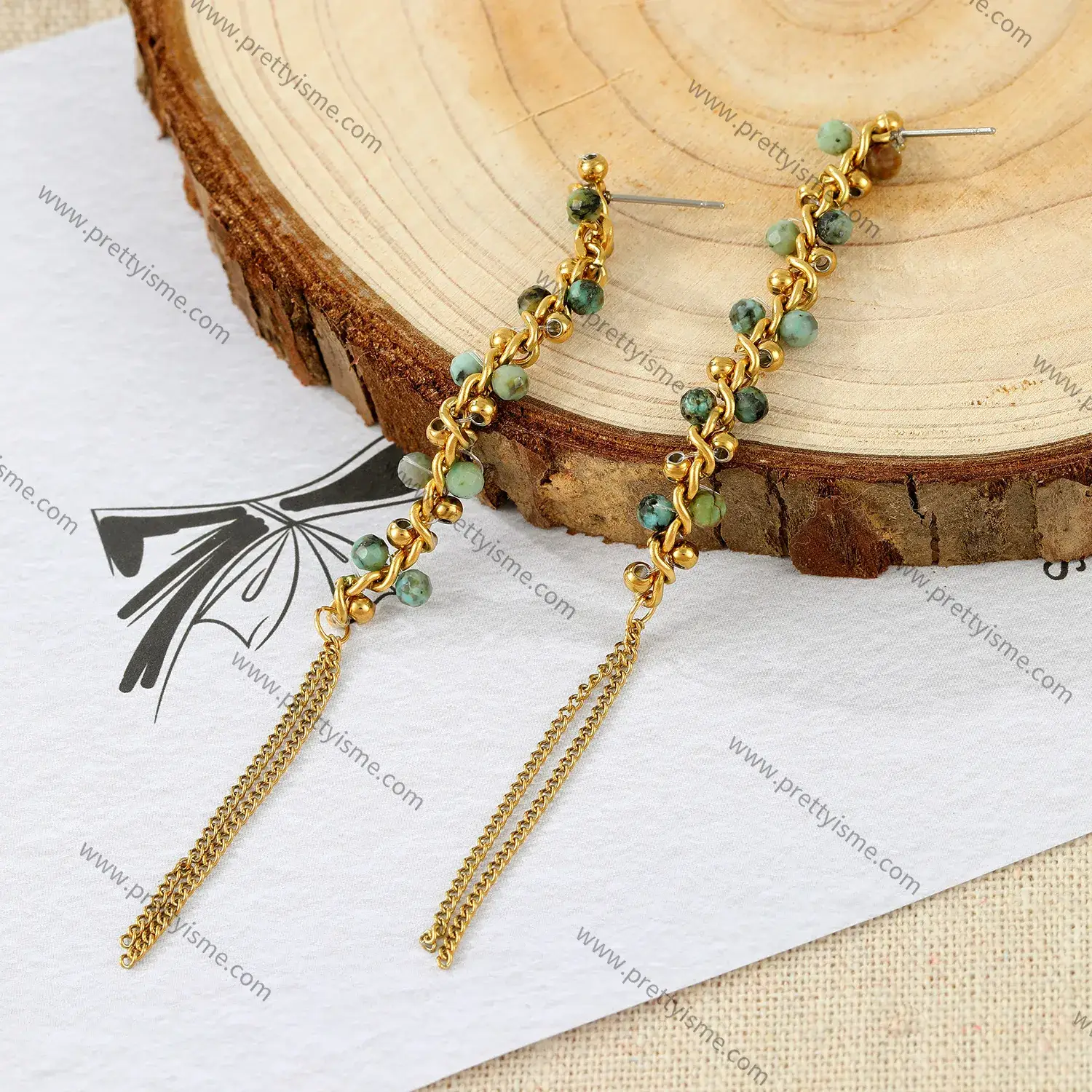 Long Tassel Stainless Steel Gold Plated 18k Thin Chain Wrapped Green Stone Embellished Earrings (2).webp