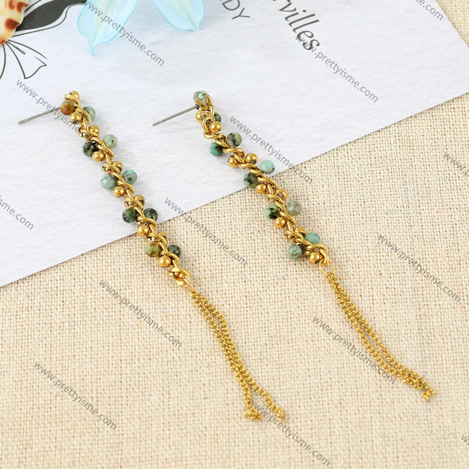 Long Tassel Stainless Steel Gold Plated 18k Thin Chain Wrapped Green Stone Embellished Earrings.webp