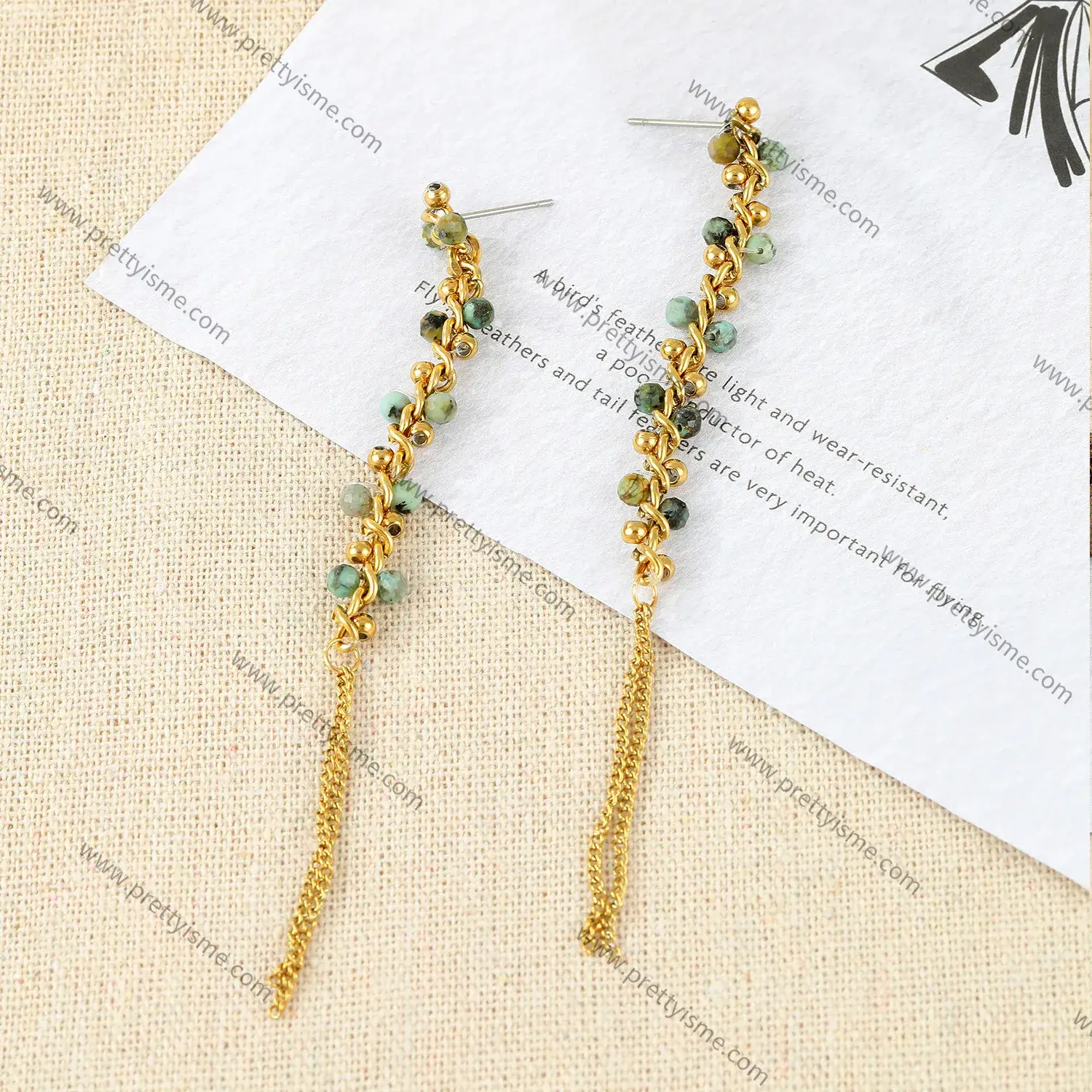 Long Tassel Stainless Steel Gold Plated 18k Thin Chain Wrapped Green Stone Embellished Earrings (3).webp