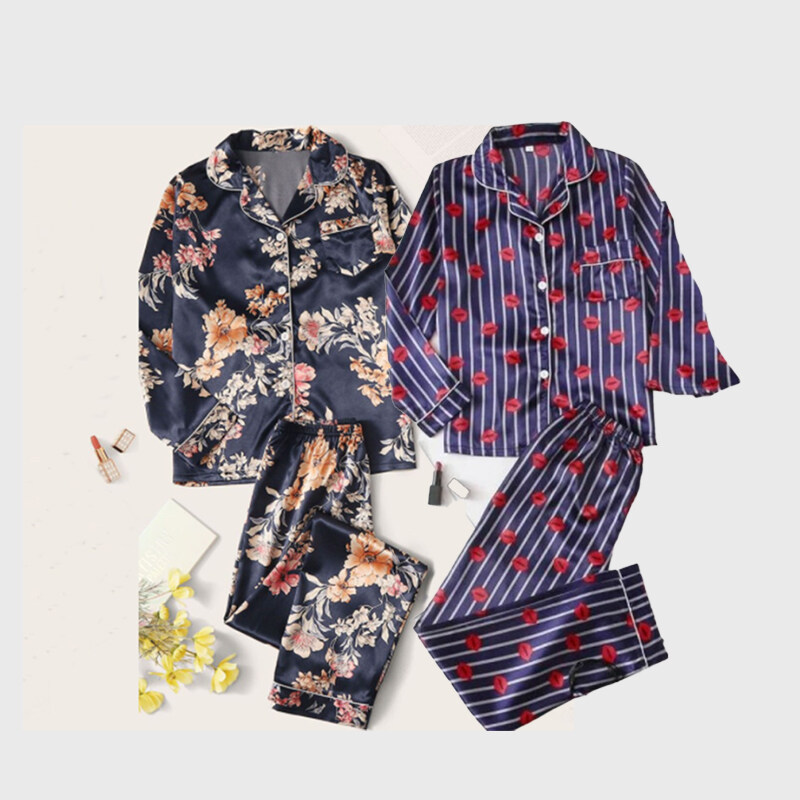 Spring Stain Custom Floral Long Sleeve Lounge Womens Pajamas Sets