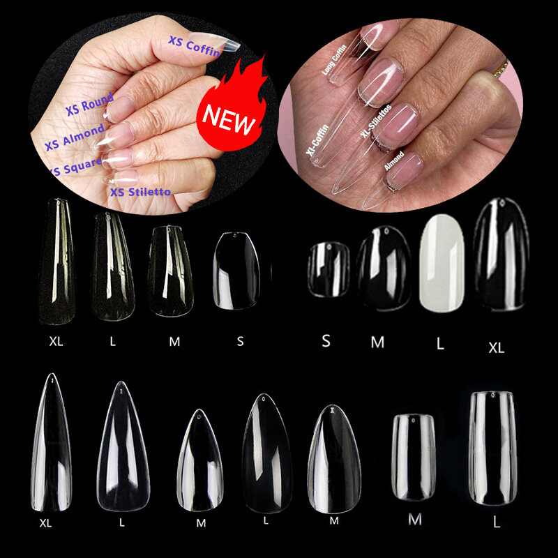 New Coming Medium XL Coffin Almond Tapered Gel-Nail X Customize Logo Stiletto French Full Cover Nail Tips With White Box Packing