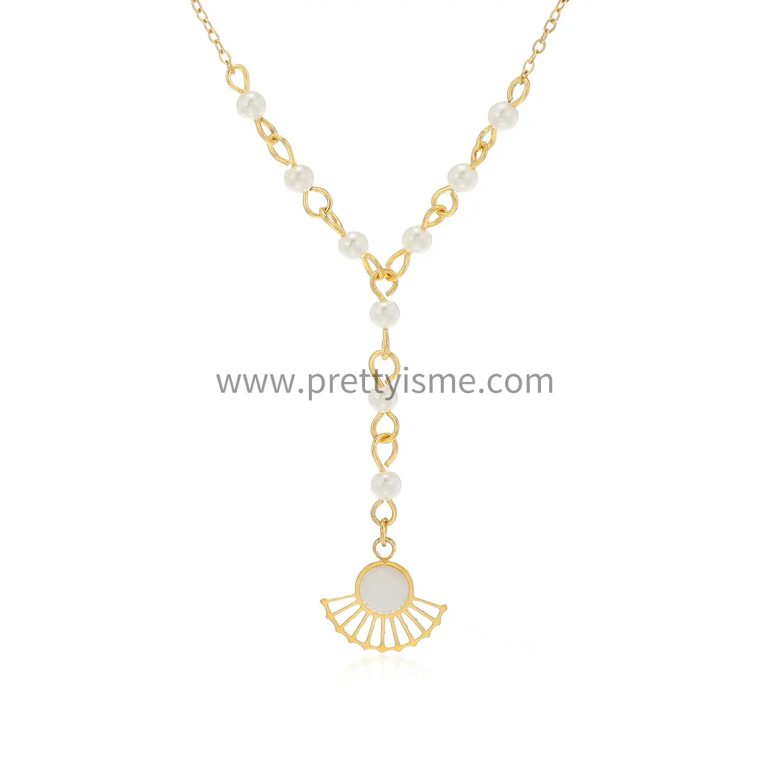 Elegant pearl stainless steel 18k gold plated necklace long pendant fan with gem necklace (5).webp