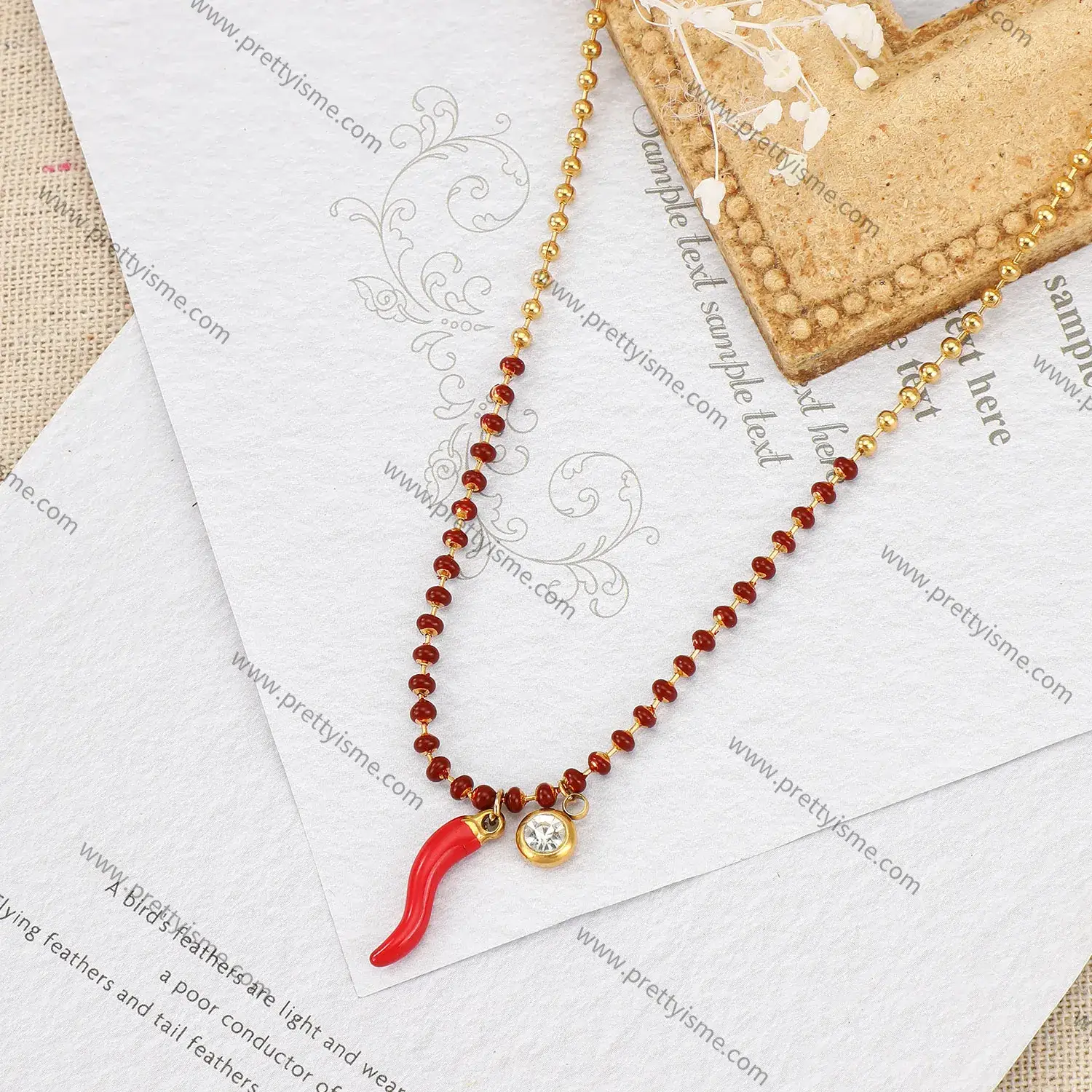 Small Pepper Pendant Stainless Steel Gold Plated 18K Necklace with Red Round Beads and Diamonds Delicate Necklace (3).webp