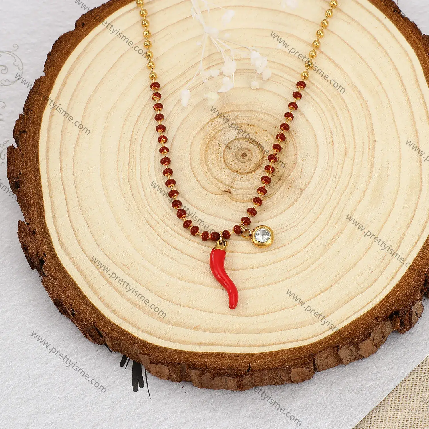 Small Pepper Pendant Stainless Steel Gold Plated 18K Necklace with Red Round Beads and Diamonds Delicate Necklace (2).webp