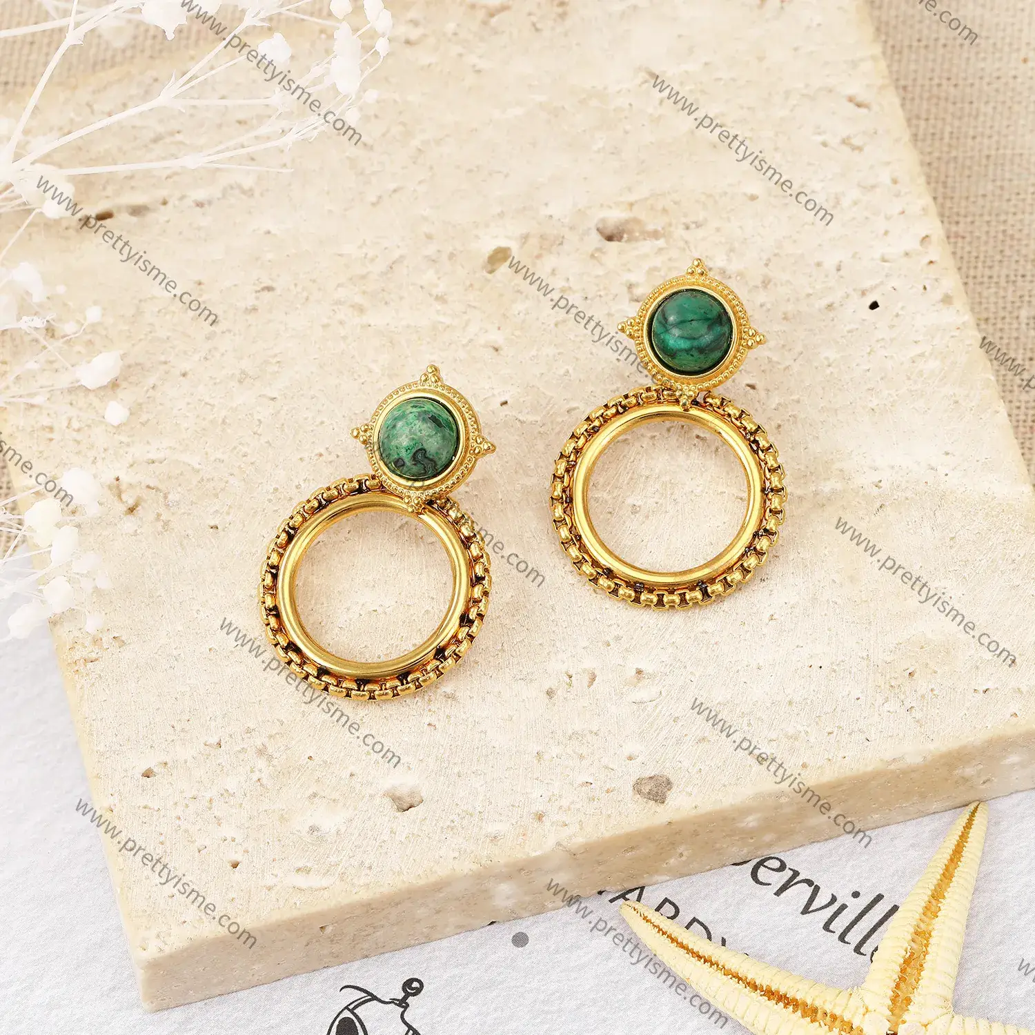 French Vintage Stainless Steel 18k Gold Plated Earrings with Green Gemstone Round Stud Earrings.webp