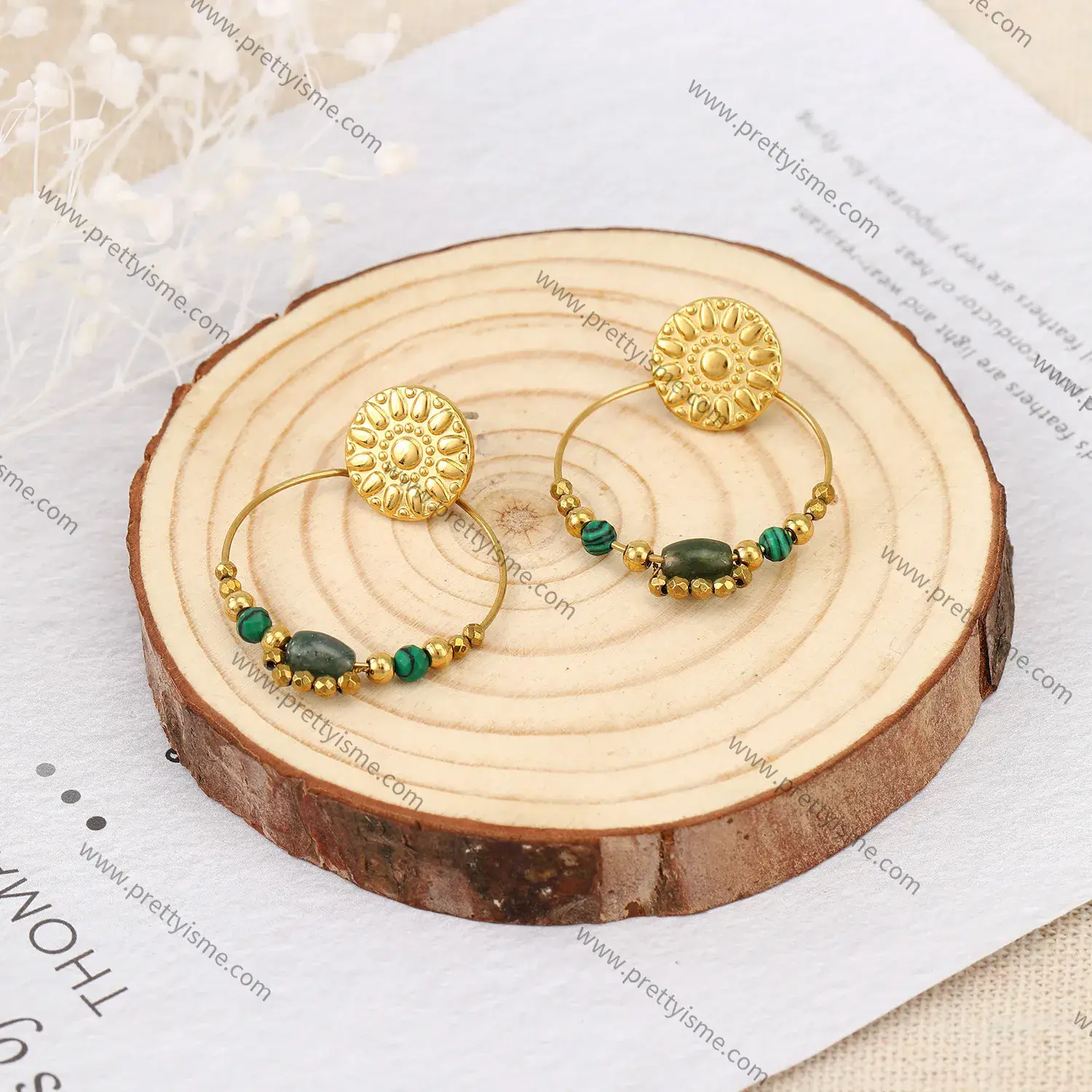 Gorgeous Vintage Stainless Steel 18k Gold Plated Earrings with Green Stone Ball Earrings (3).webp