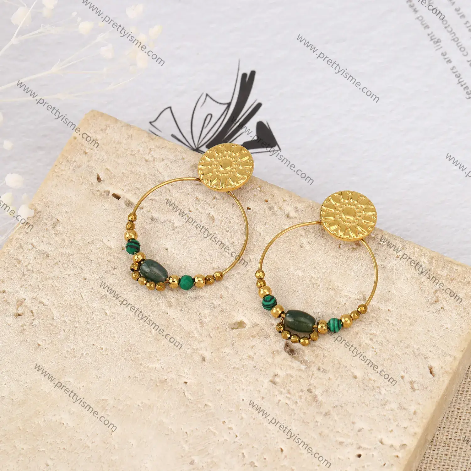 Gorgeous Vintage Stainless Steel 18k Gold Plated Earrings with Green Stone Ball Earrings (2).webp