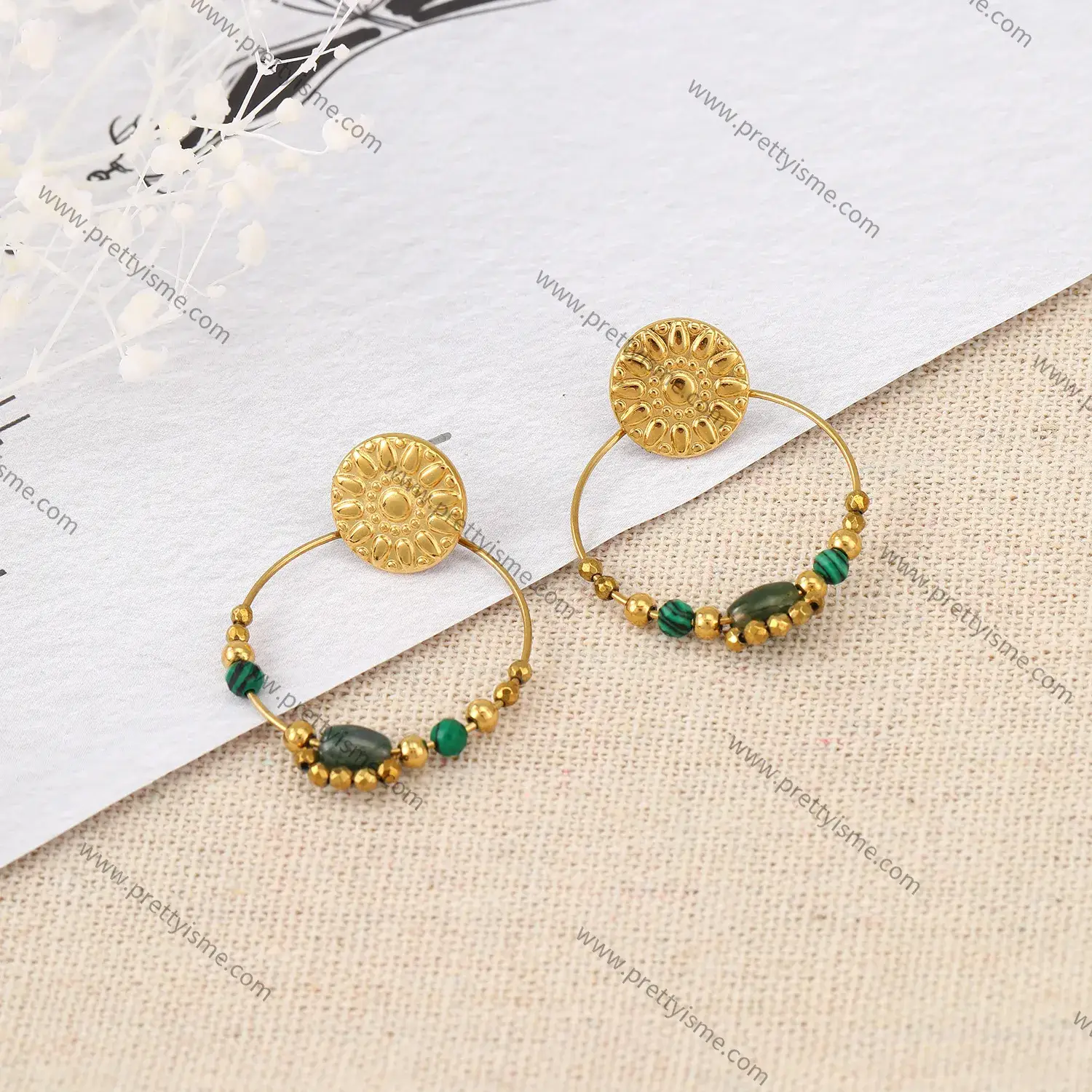Gorgeous Vintage Stainless Steel 18k Gold Plated Earrings with Green Stone Ball Earrings (4).webp
