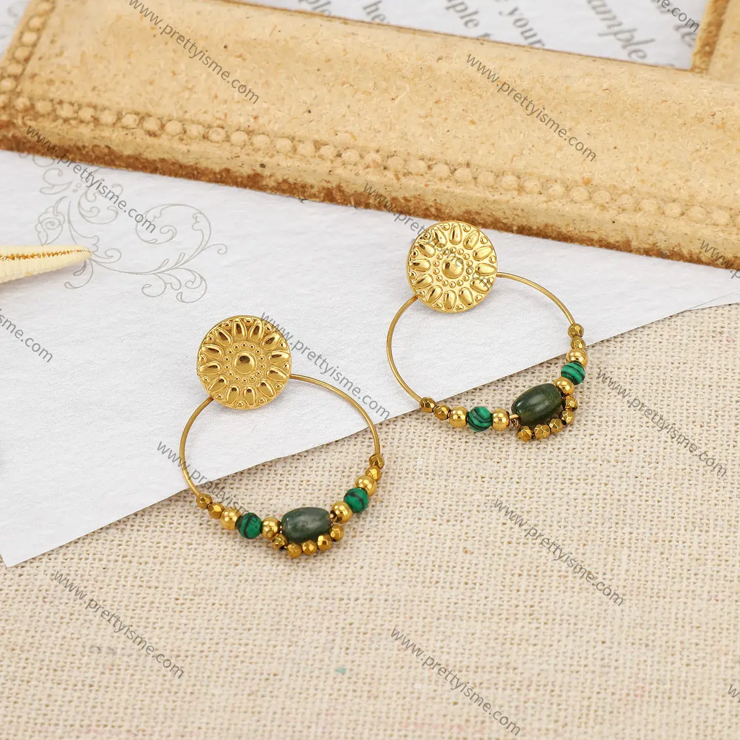 Gorgeous Vintage Stainless Steel 18k Gold Plated Earrings with Green Stone Ball Earrings.webp