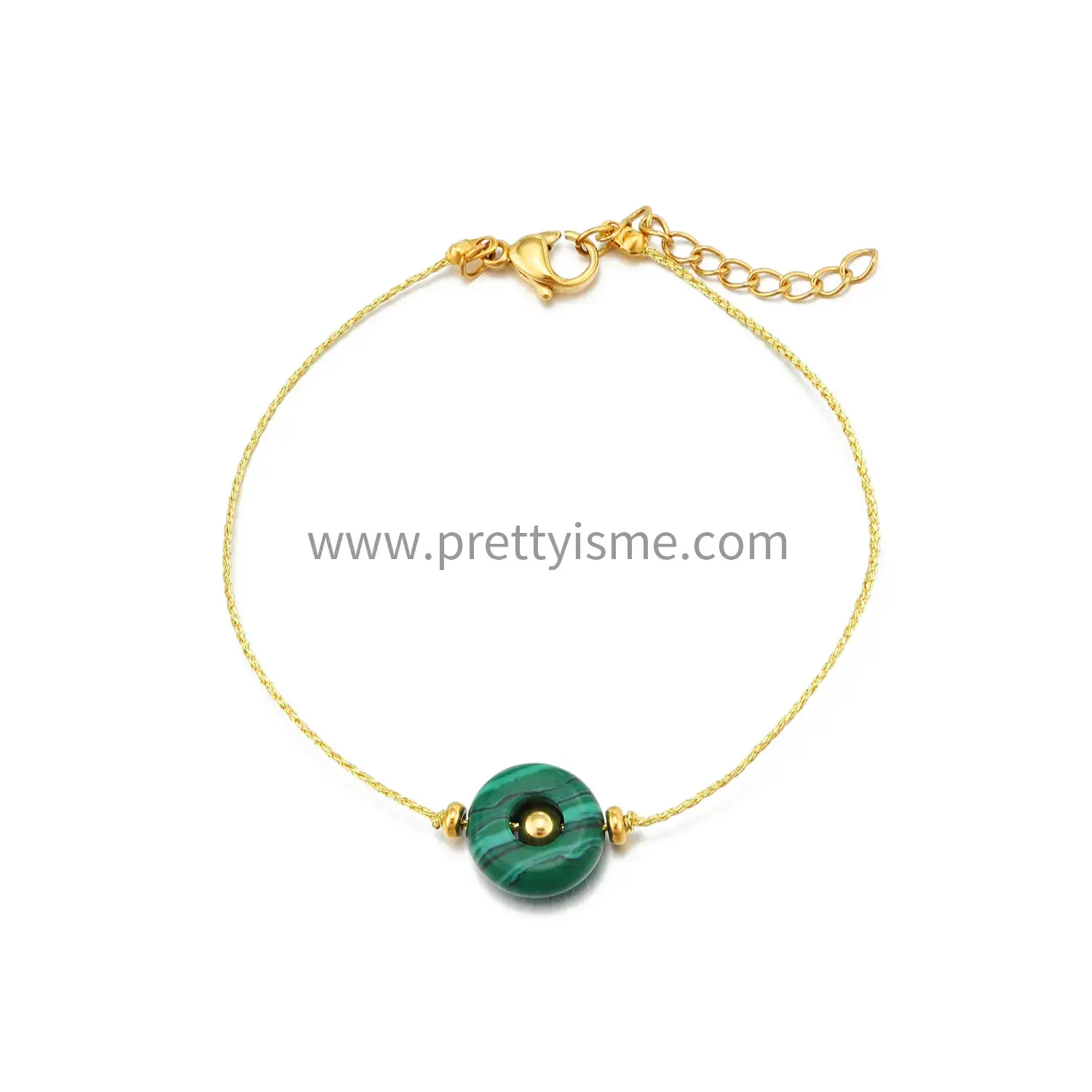 Delicate Stainless Steel 18k Gold Plated Thin Bracelet with Green Malachite Pendant (5).webp