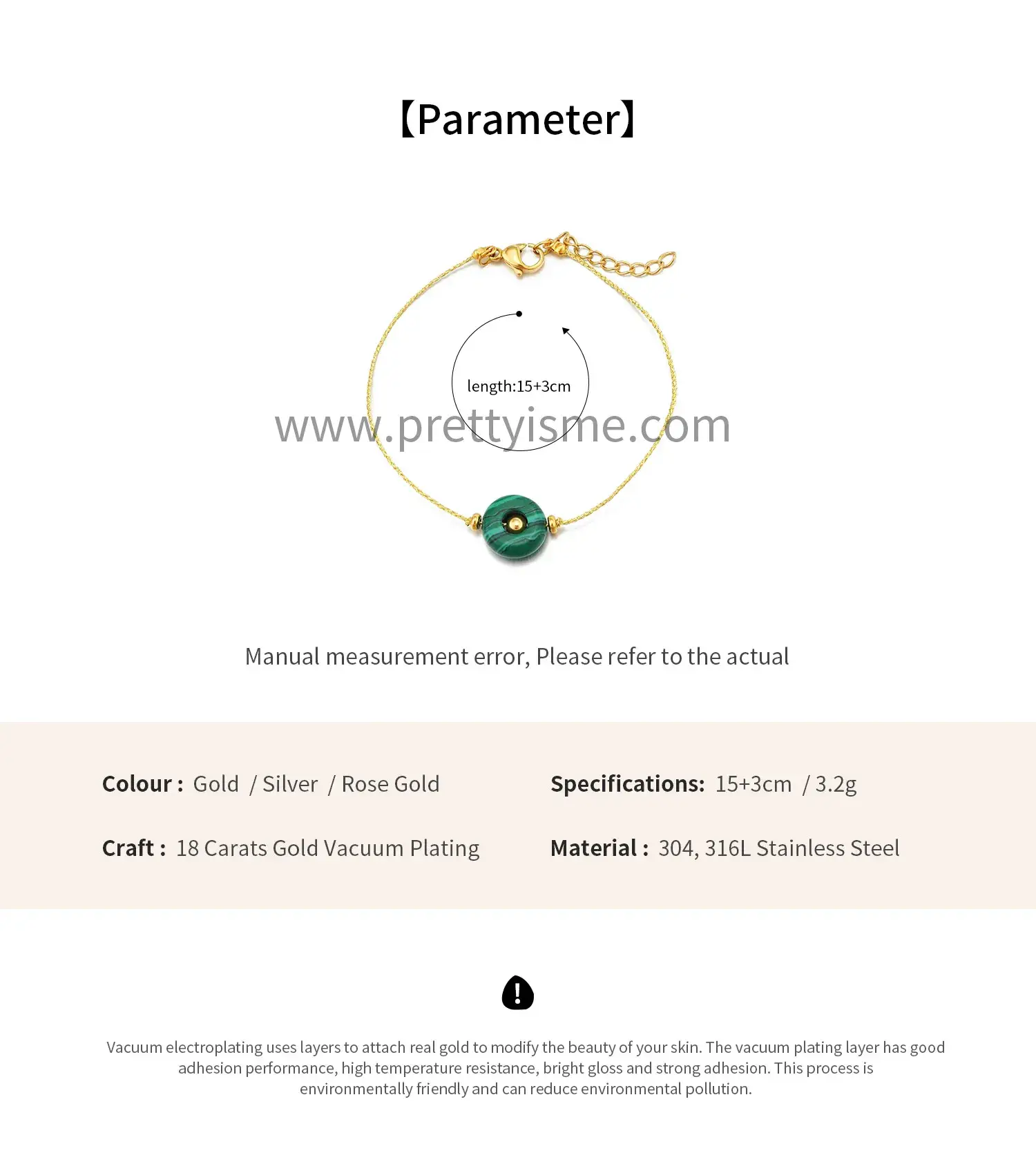 Delicate Stainless Steel 18k Gold Plated Thin Bracelet with Green Malachite Pendant (6).webp