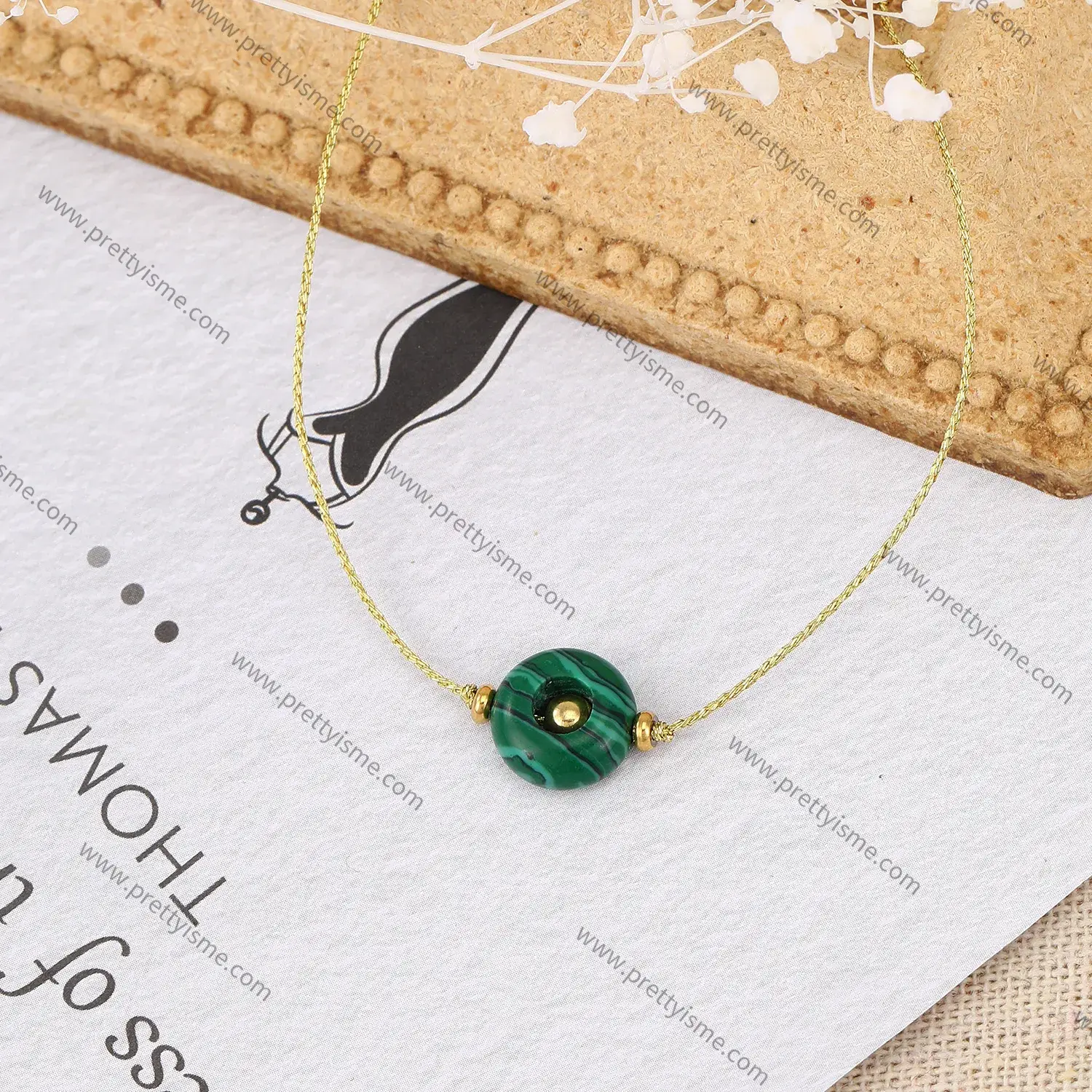 Delicate Stainless Steel 18k Gold Plated Thin Bracelet with Green Malachite Pendant (2).webp