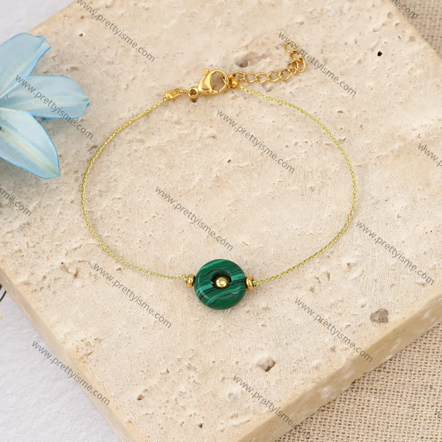 Delicate Stainless Steel 18k Gold Plated Thin Bracelet with Green Malachite Pendant.webp