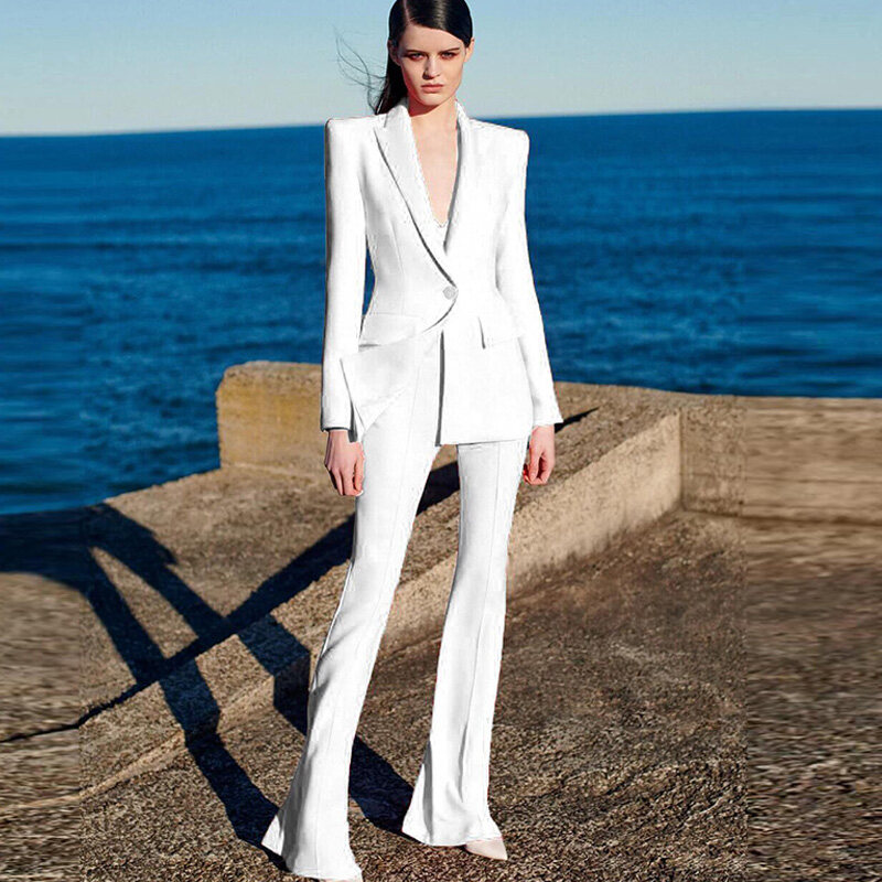 Wholesale Custom White Formal Flare Bottom Pants Business Suit For Women