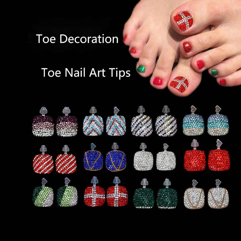 High Quality Full Cover Rhinestone Foot Nail Tips Short Artificial Super Shine Press On Toe Nails For Feet Art