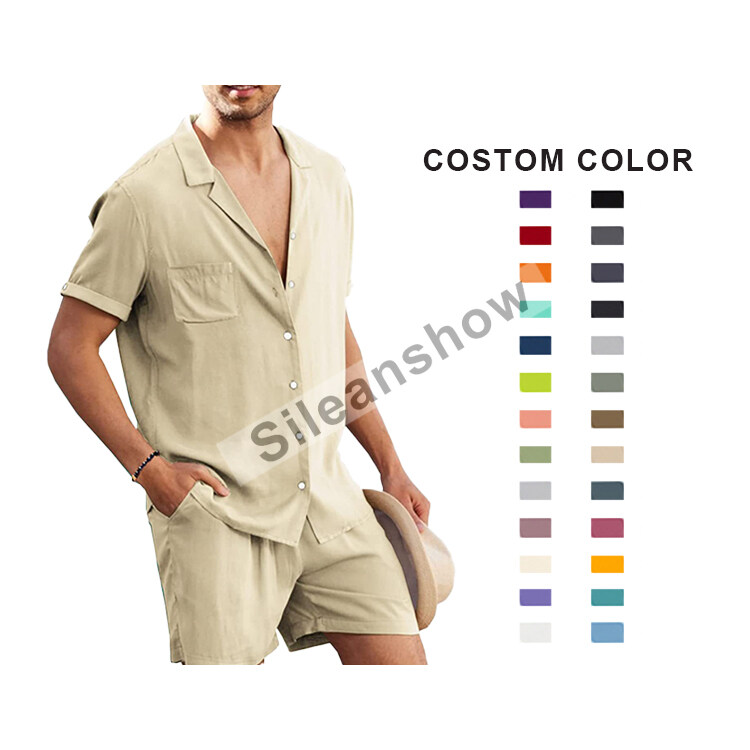 Summer Casual Pullover Custom Solid Cheap Men Short Sleeve Shirt And Shorts 2 Piece Sets