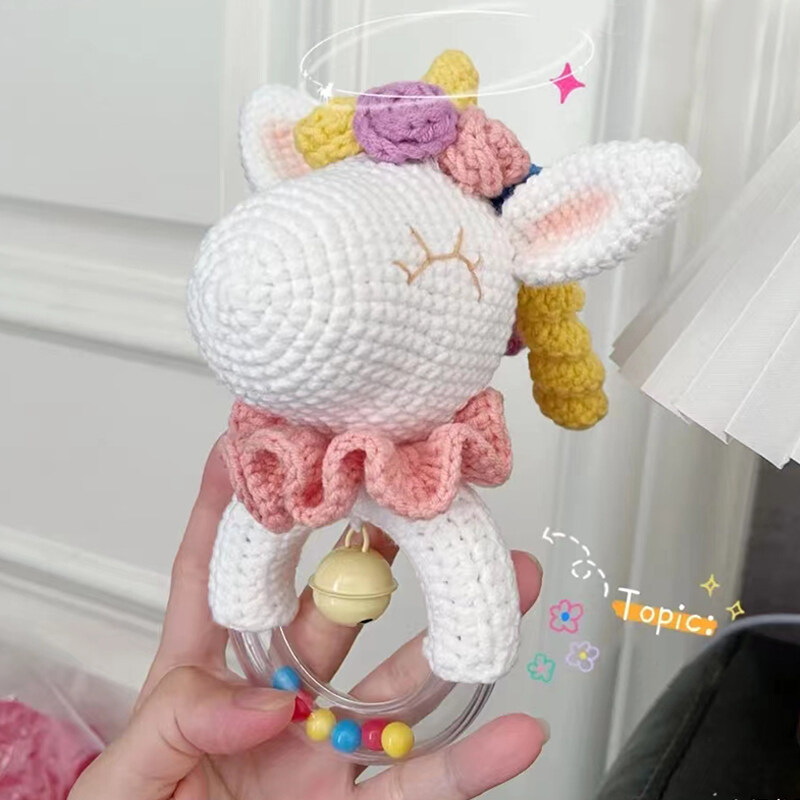 Handmade Ring Teether Baby Sensory Crochet Teething Toys Rainbow Unicorn birth Rattle Toys for gift