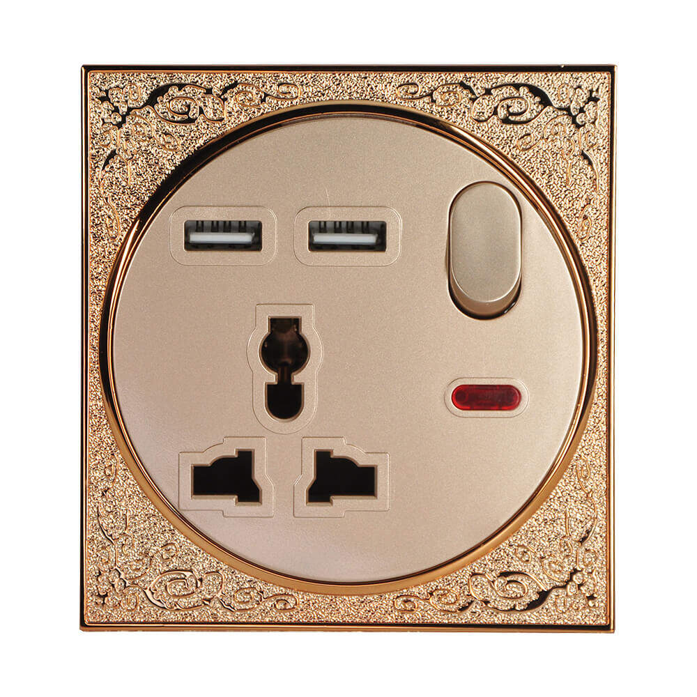 ABUK Universal double usb Wall Switched socket Push Button carved patterns 13A250V carved texture Electric Socket Home with neon