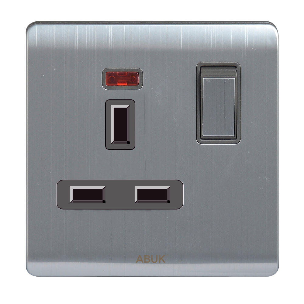 ABUK UK Wall Switched socket Push Button 13A 250V Electric Socket Home Metal with neon