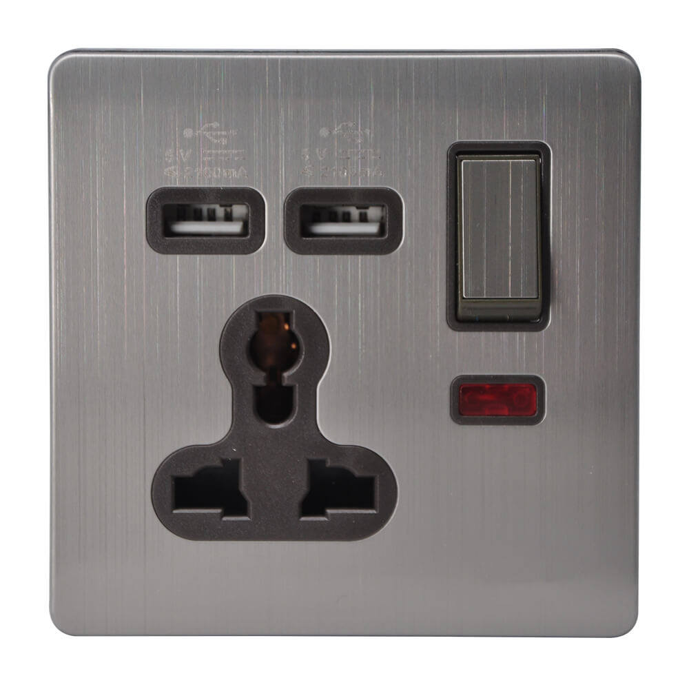 ABUK Universal double usb Wall Switched socket Push Button 13A 250V Electric Socket Home Metal with neon