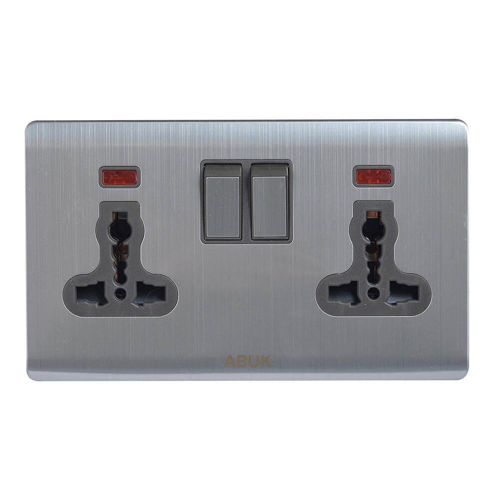 ABUK Universal double Wall Switched socket Push Button 13A 250V Electric Socket Home Metal with neon