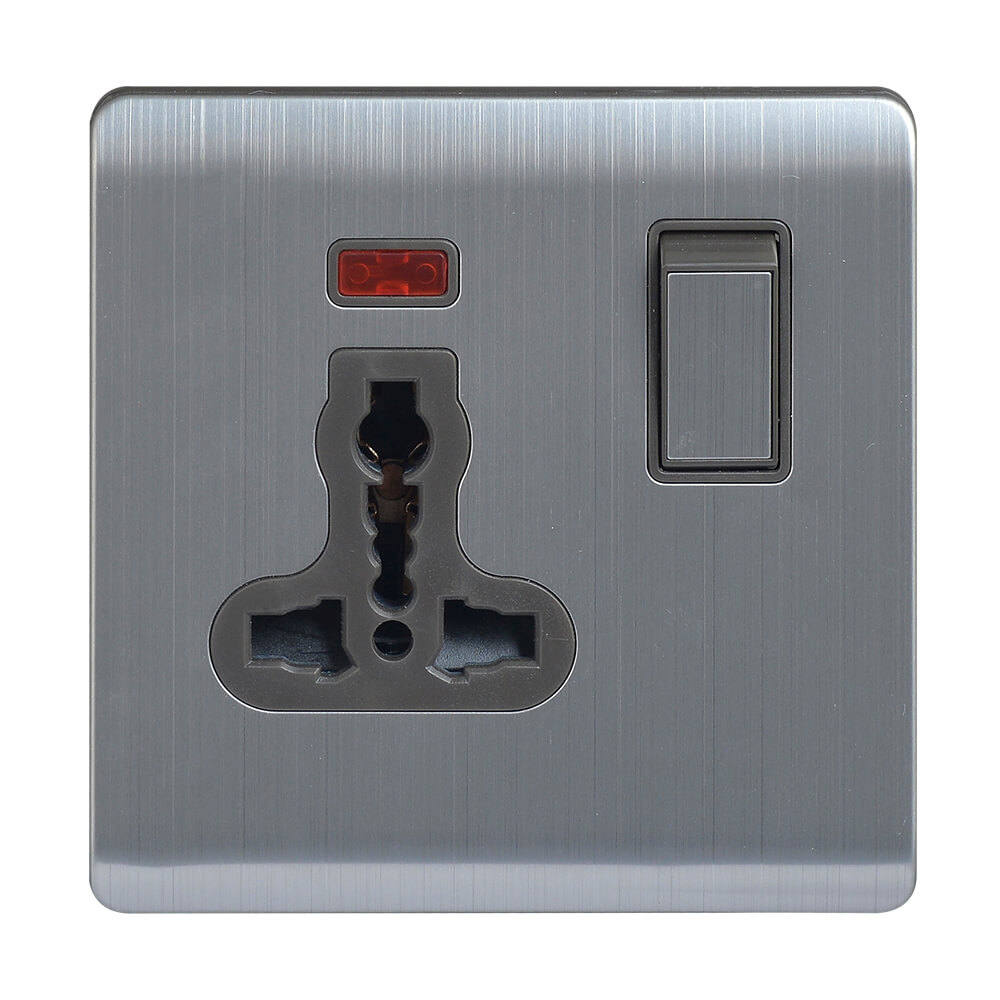 ABUK Universal Wall Switched socket Push Button 13A 250V Electric Socket Metal Home with neon