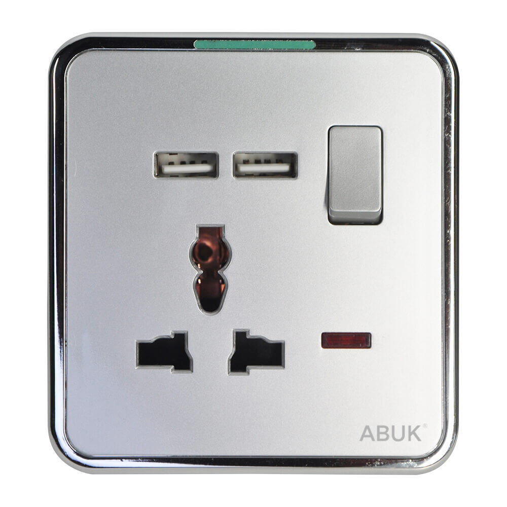 ABUK Universal double usb Wall Switched socket Push Button 13A 250V Electric Socket Home Metal with neon Plastic Material Panel