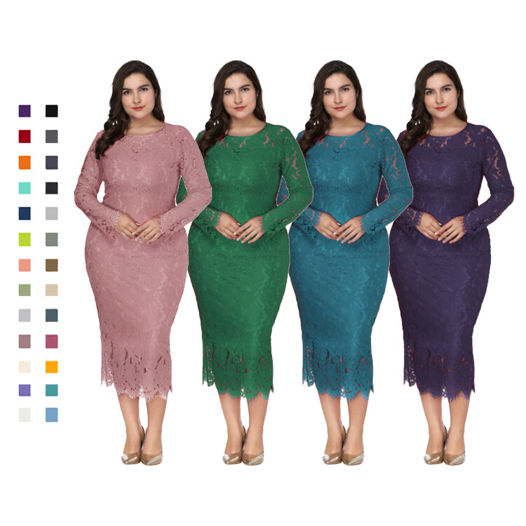 Wholesale Long Sleeve Custom Plus Size Lady Lace Dress