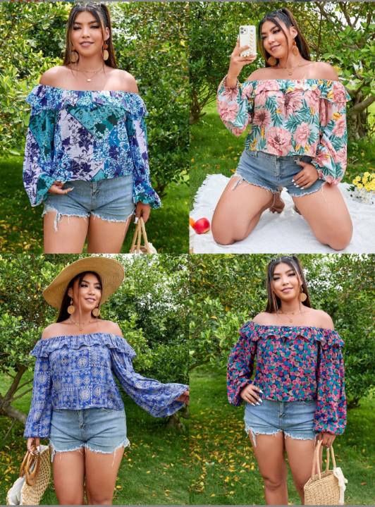 Women Off Shoulder Plus Size Floral Printing Blouses & Shirts